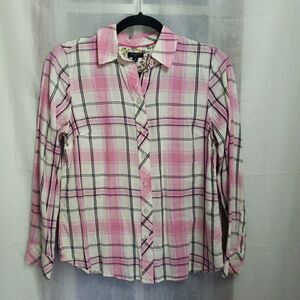 Talbots Shirt Pink White Plaid Preppy Girly Academia Long Sleeve Top Women's Sp